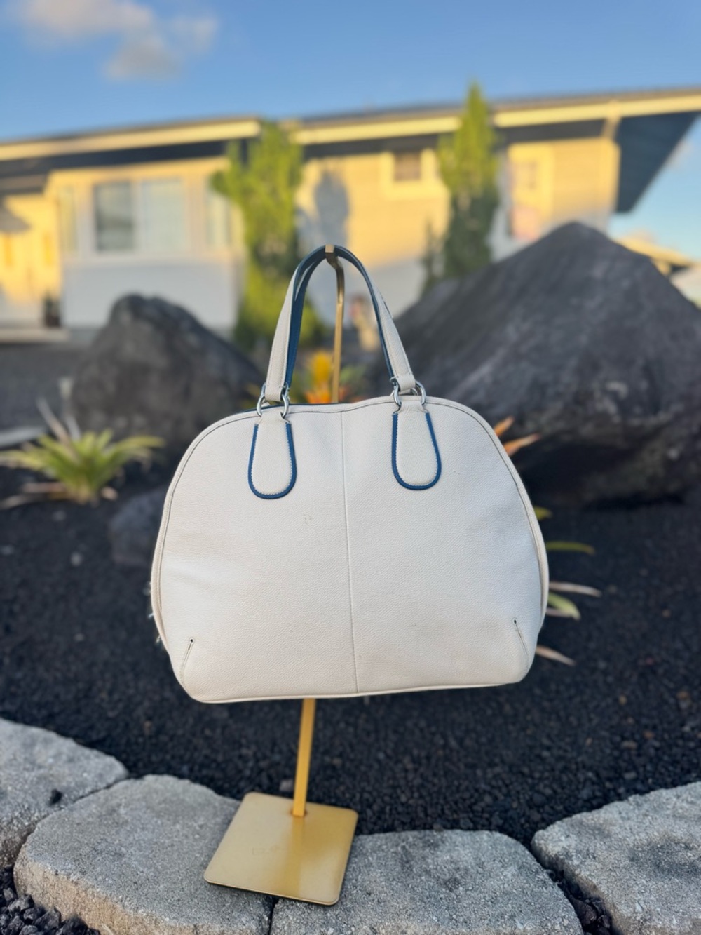 Coach Sample Perforated Leather Dome Satchel White Blue Trim Crossbody Bag - Picture 3 of 17